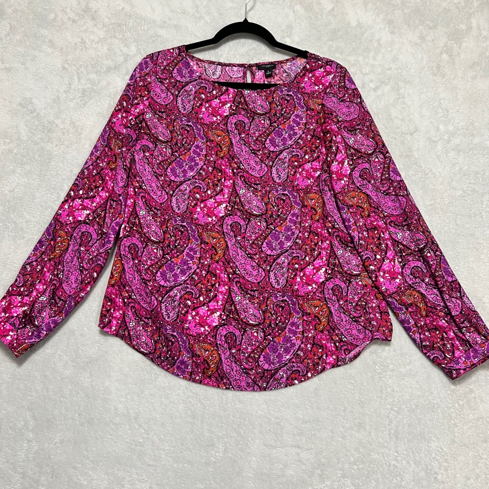 Ann Taylor Paisley Blouse Women 6 Pink Long Sleeve Keyhole Back Career Casual